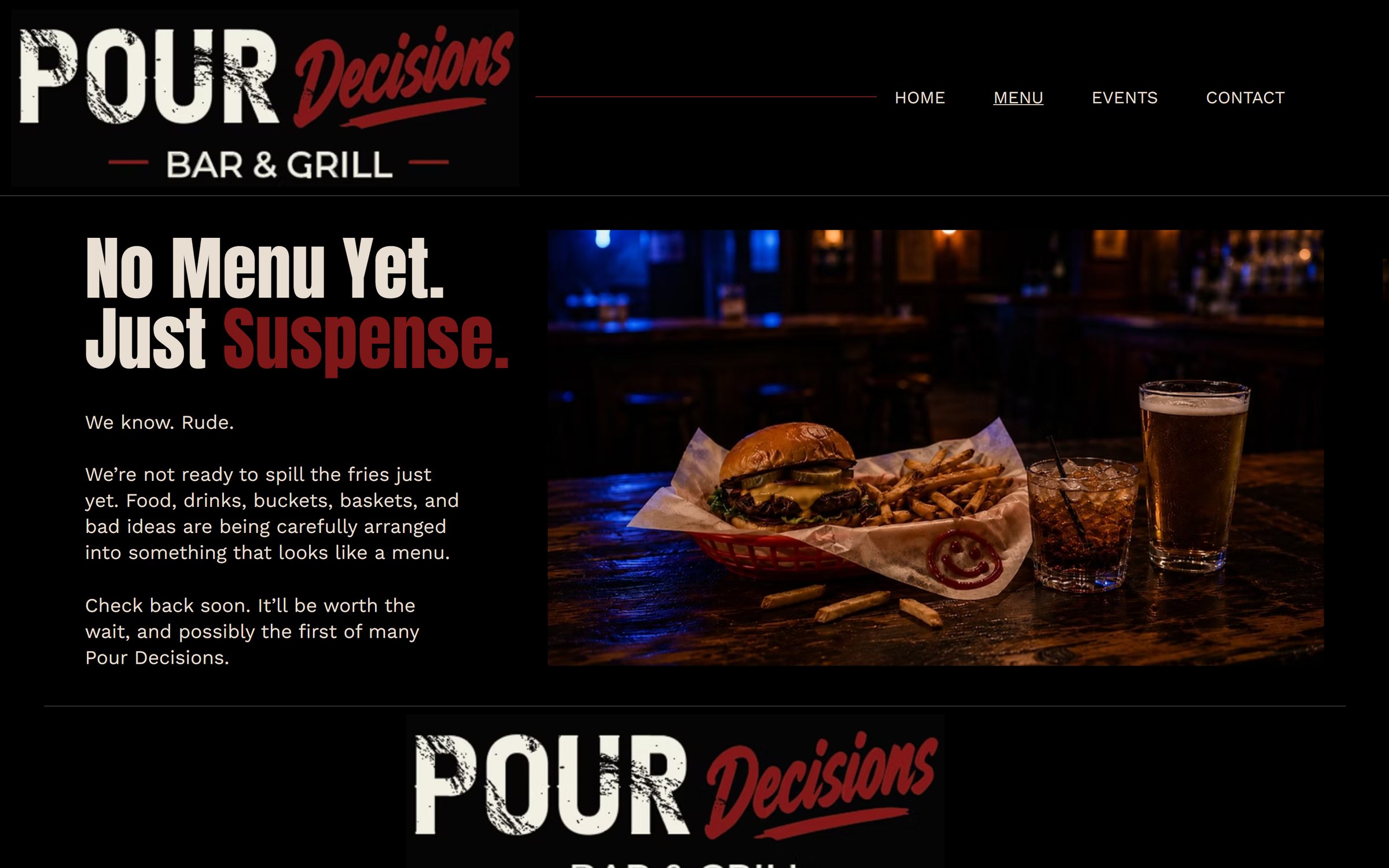 The Menu page, before there was a menu. The voice holds up even when there is nothing to sell yet.