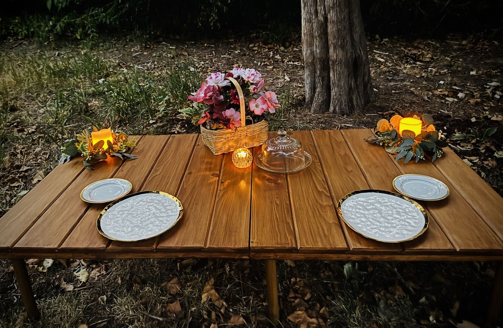 An evening rental, lit by the setup itself. This is the shot that sells the 3pm to 9pm window.